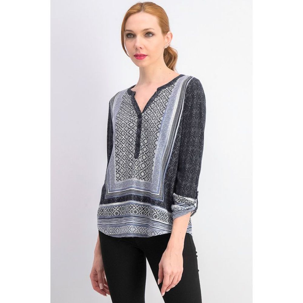 Style & Co Women's Mixed-Print Split-Neck Tab-Sleeve Top Black Size Extra Large